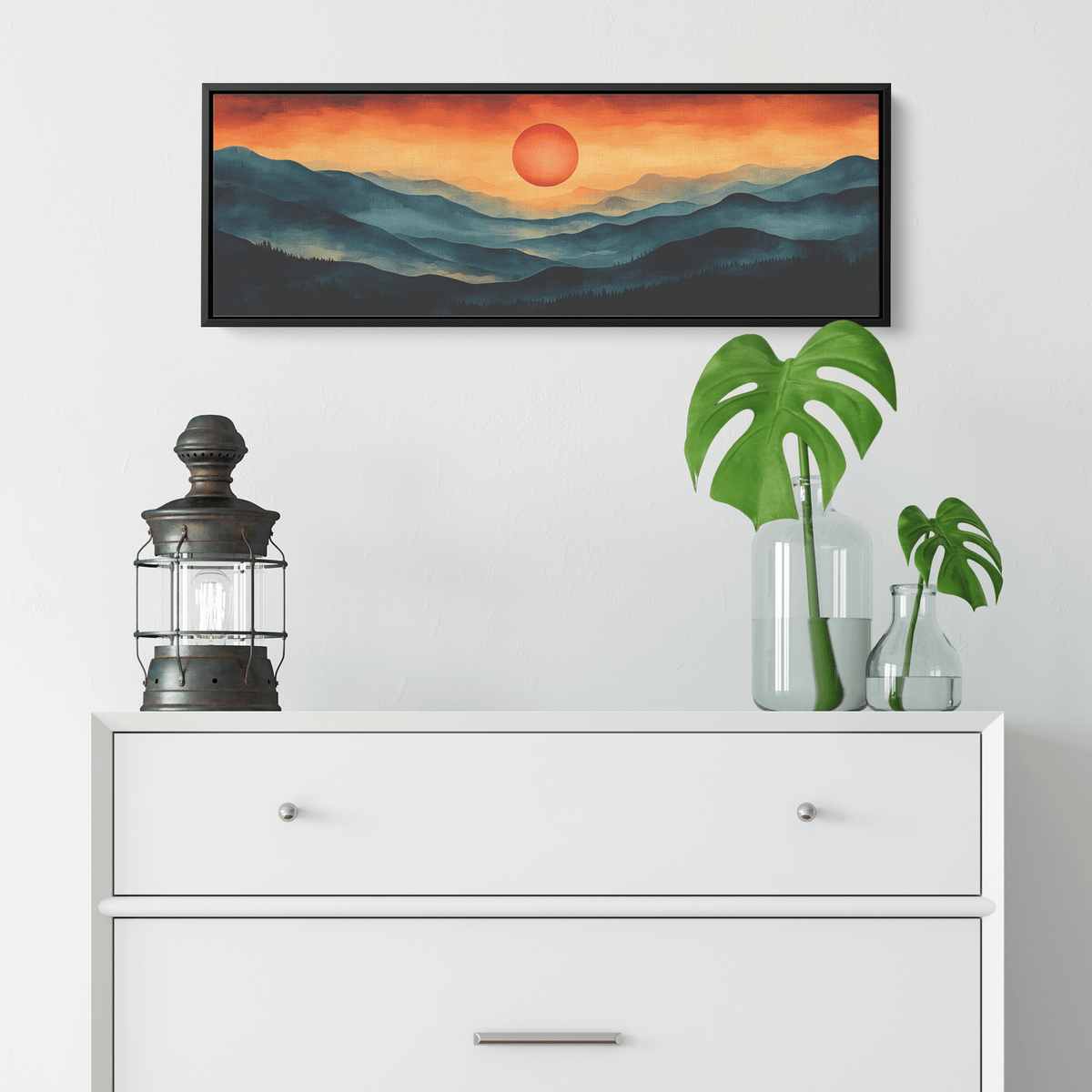 Stylized Boho Artwork Sunburst Abstract Hills Warm Earthy Tones Ultra High Definition Soft Gradients Panoramic Framed Canvas Wall Art - Awakening Righteousness