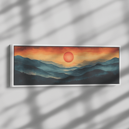 Stylized Boho Artwork Sunburst Abstract Hills Warm Earthy Tones Ultra High Definition Soft Gradients Panoramic Framed Canvas Wall Art - Awakening Righteousness
