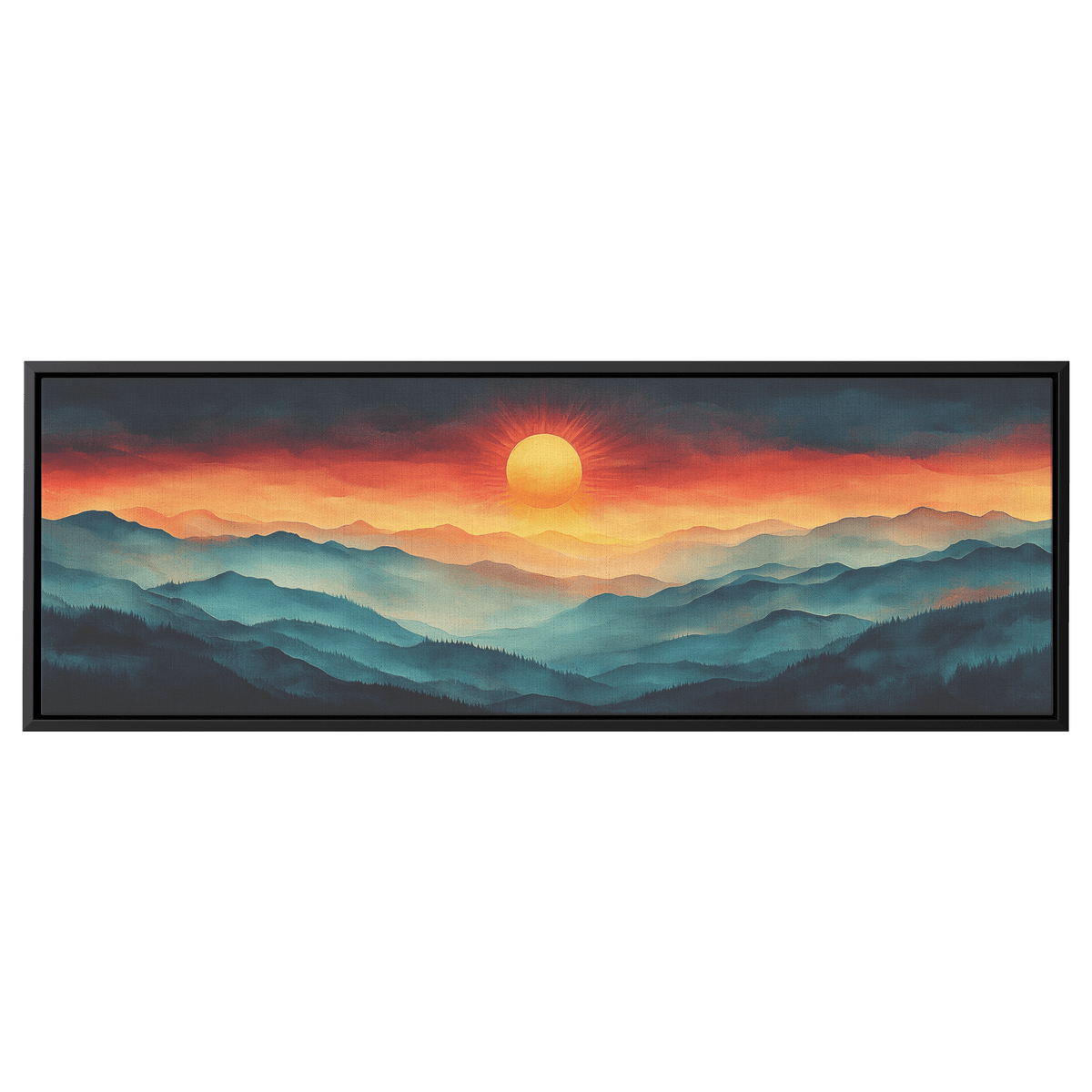 Stylized Boho Artwork Sunburst Abstract Hills Warm Earthy Tones Ultra High Definition Soft Gradients Panoramic Framed Canvas Wall Art - Awakening Righteousness