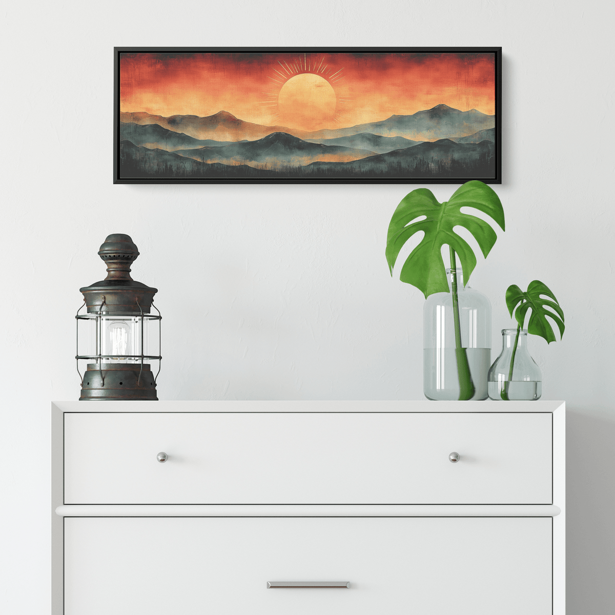 Stylized Boho Artwork Sunburst Abstract Hills Warm Earthy Tones Ultra High Definition Soft Gradients Panoramic Framed Canvas Wall Art - Awakening Righteousness