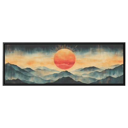 Stylized Boho Artwork Sunburst Abstract Hills Warm Earthy Tones Ultra High Definition Soft Gradients Panoramic Framed Canvas Wall Art - Awakening Righteousness
