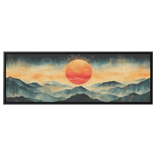 Stylized Boho Artwork Sunburst Abstract Hills Warm Earthy Tones Ultra High Definition Soft Gradients Panoramic Framed Canvas Wall Art - Awakening Righteousness