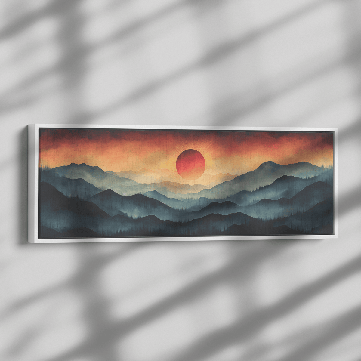 Stylized Boho Artwork Sunburst Abstract Hills Warm Earthy Tones Ultra High Definition Soft Gradients Panoramic Framed Canvas Wall Art - Awakening Righteousness