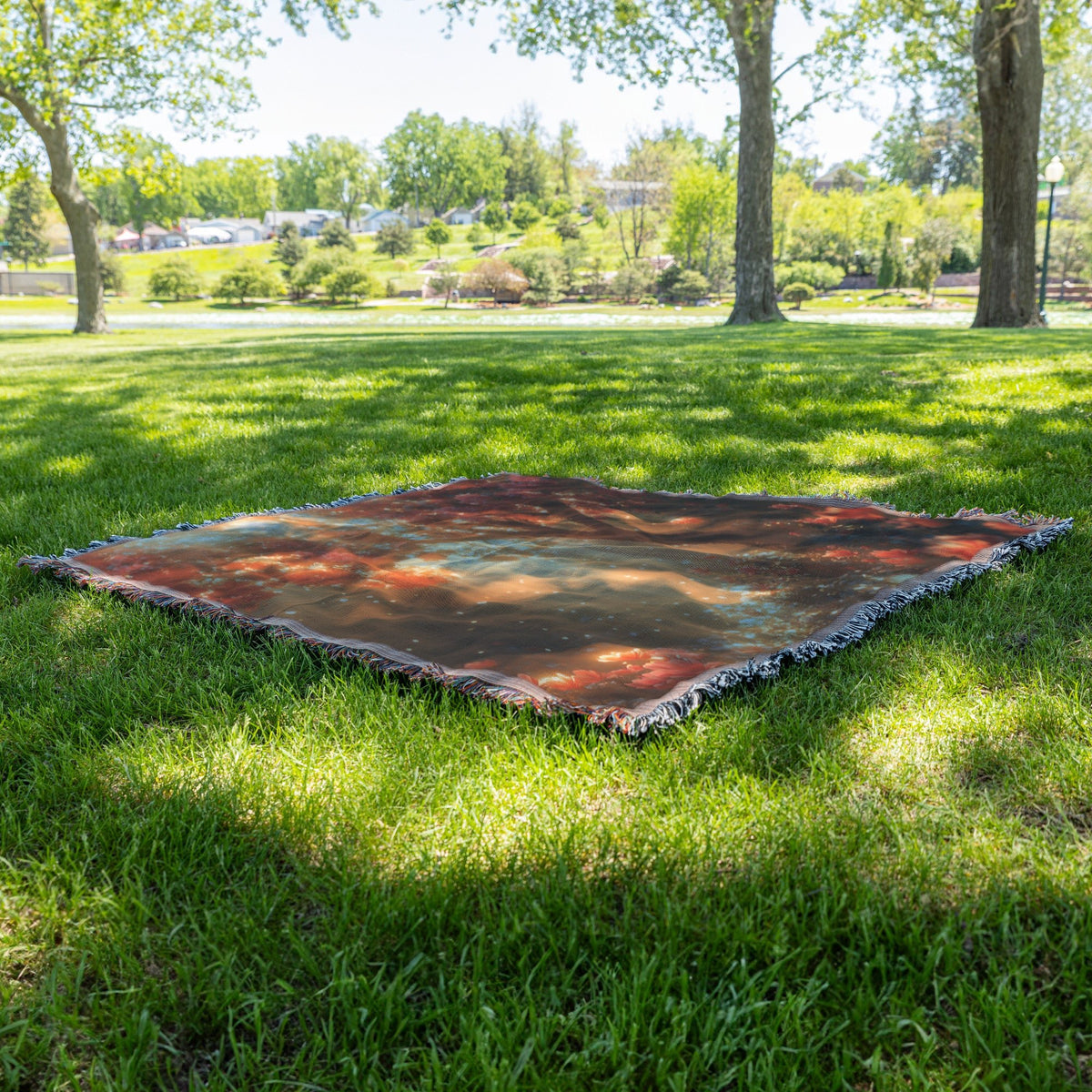 Sunlit Blossom Tree with Soft Light and Floating Petals Woven Throw Blanket for Home Decor - Awakening Righteousness