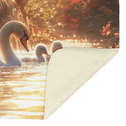 Swan Family Resting Near Glowing Waterfall Surrounded by Lush Plants and Wildflowers Under Golden Light Fleece Sherpa Blanket - Awakening Righteousness