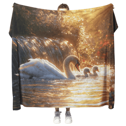 Swan Family Resting Near Glowing Waterfall Surrounded by Lush Plants and Wildflowers Under Golden Light Fleece Sherpa Blanket - Awakening Righteousness