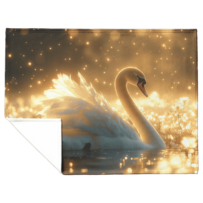 Swan Resting in Meadow of Glowing Wildflowers Under Golden Moonlight Surrounded by Mist and Fireflies Fleece Sherpa Blanket - Awakening Righteousness