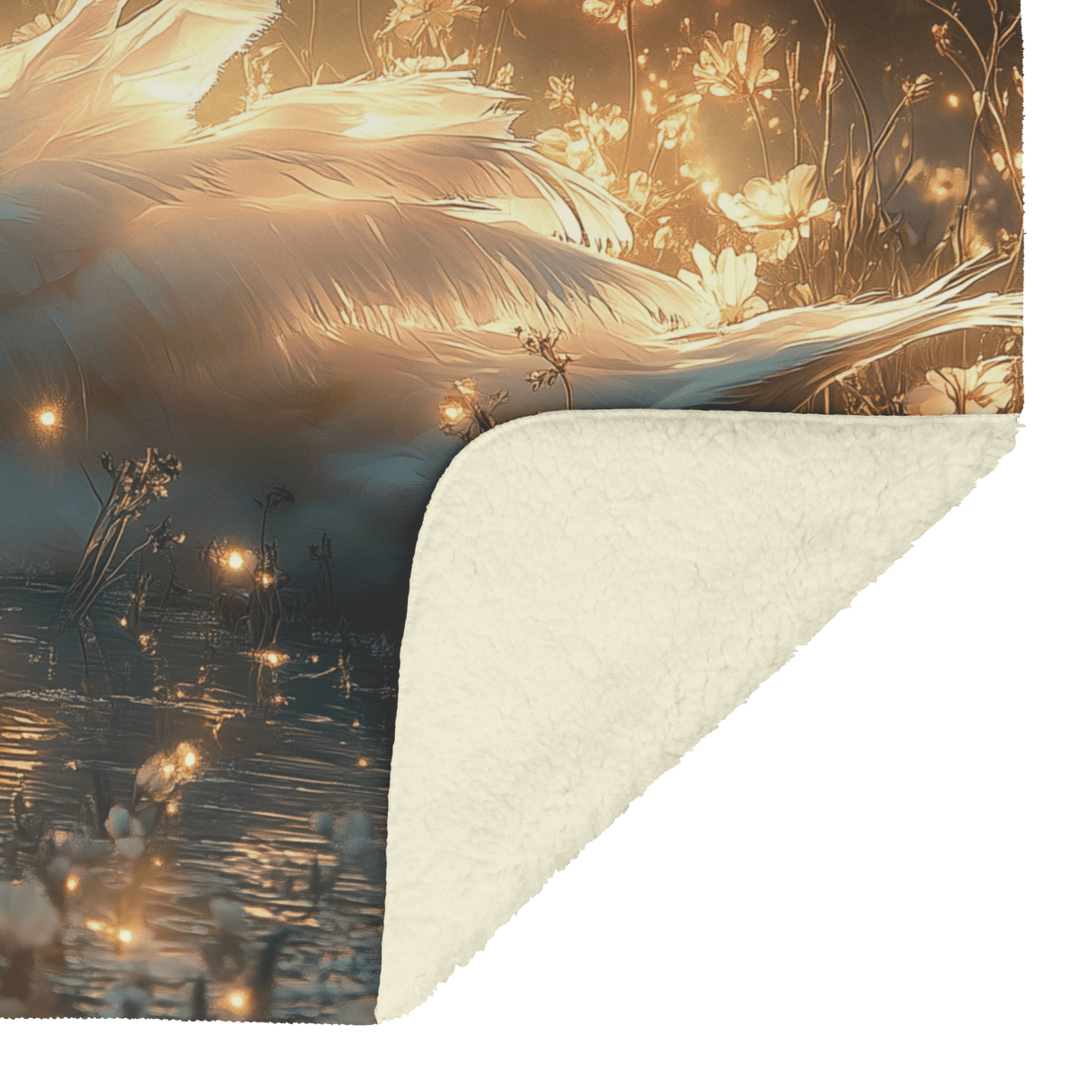Swan Resting in Meadow of Glowing Wildflowers Under Golden Moonlight Surrounded by Mist and Fireflies Fleece Sherpa Blanket - Awakening Righteousness
