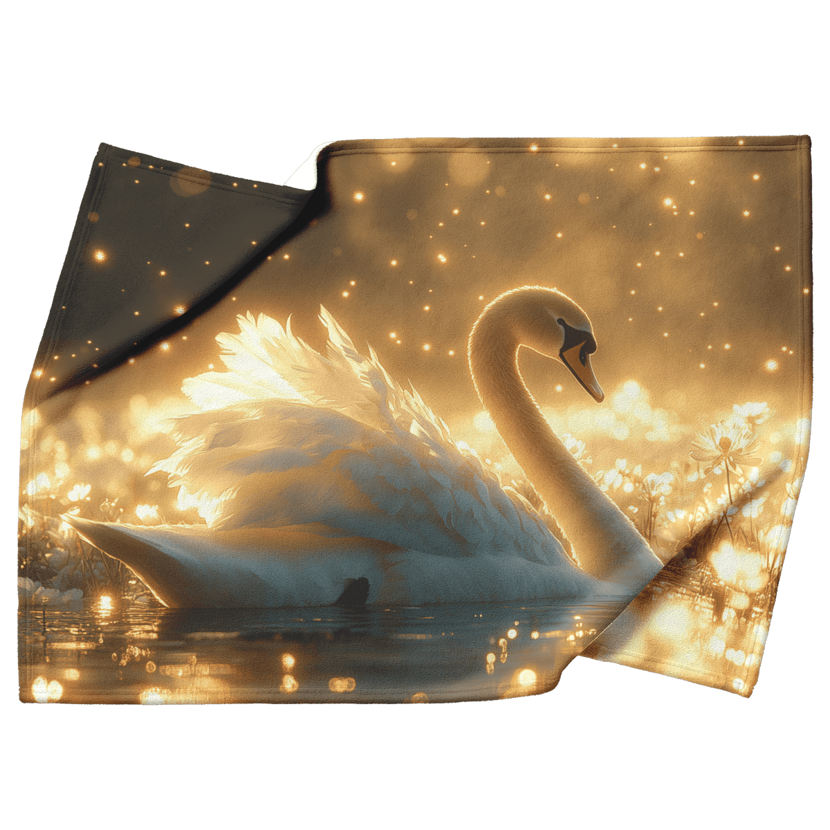 Swan Resting in Meadow of Glowing Wildflowers Under Golden Moonlight Surrounded by Mist and Fireflies Fleece Sherpa Blanket - Awakening Righteousness