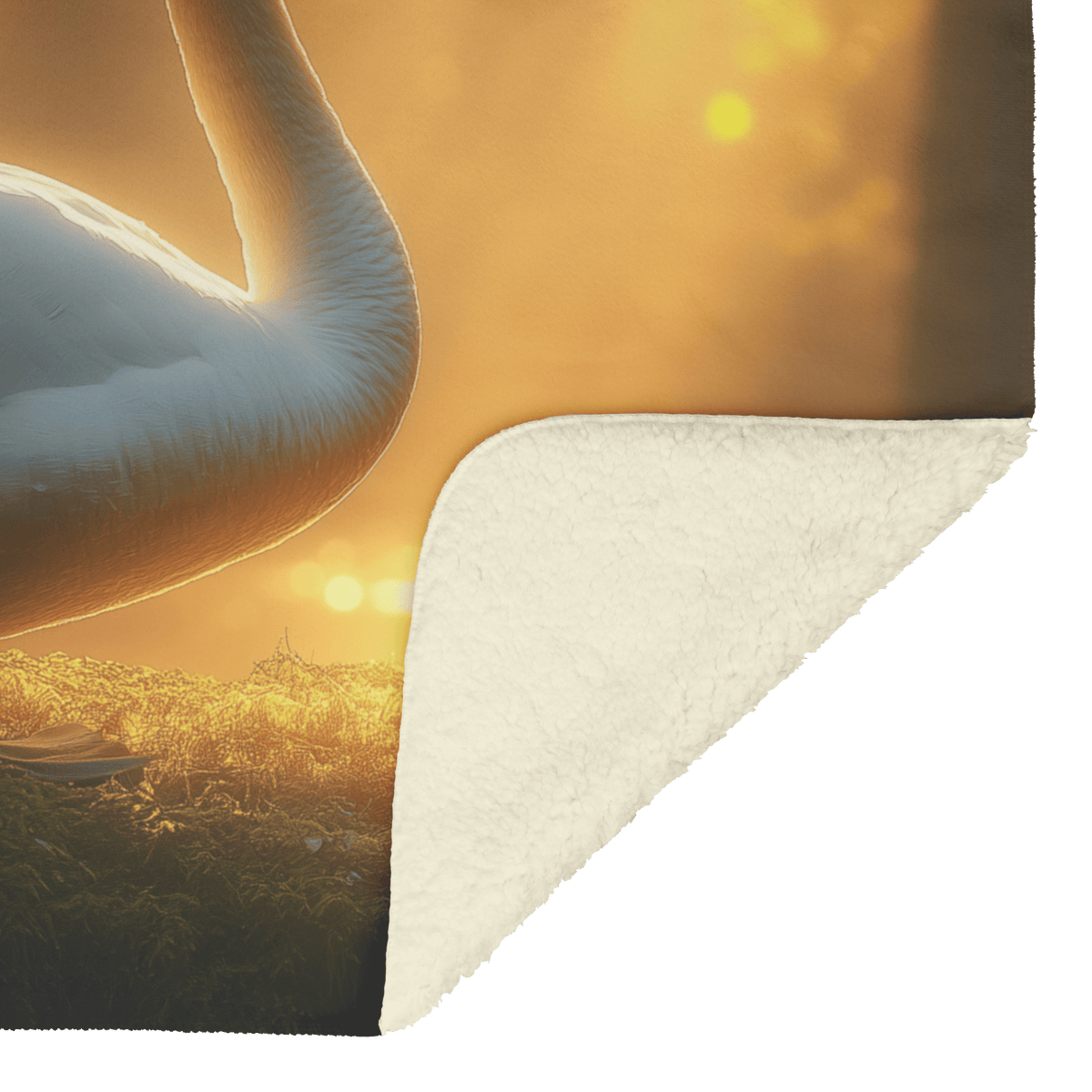 Swan Standing Majestically on Glowing Mossy Rock Surrounded by Mist and Golden Sunlight in Magical Forest Fleece Sherpa Blanket - Awakening Righteousness