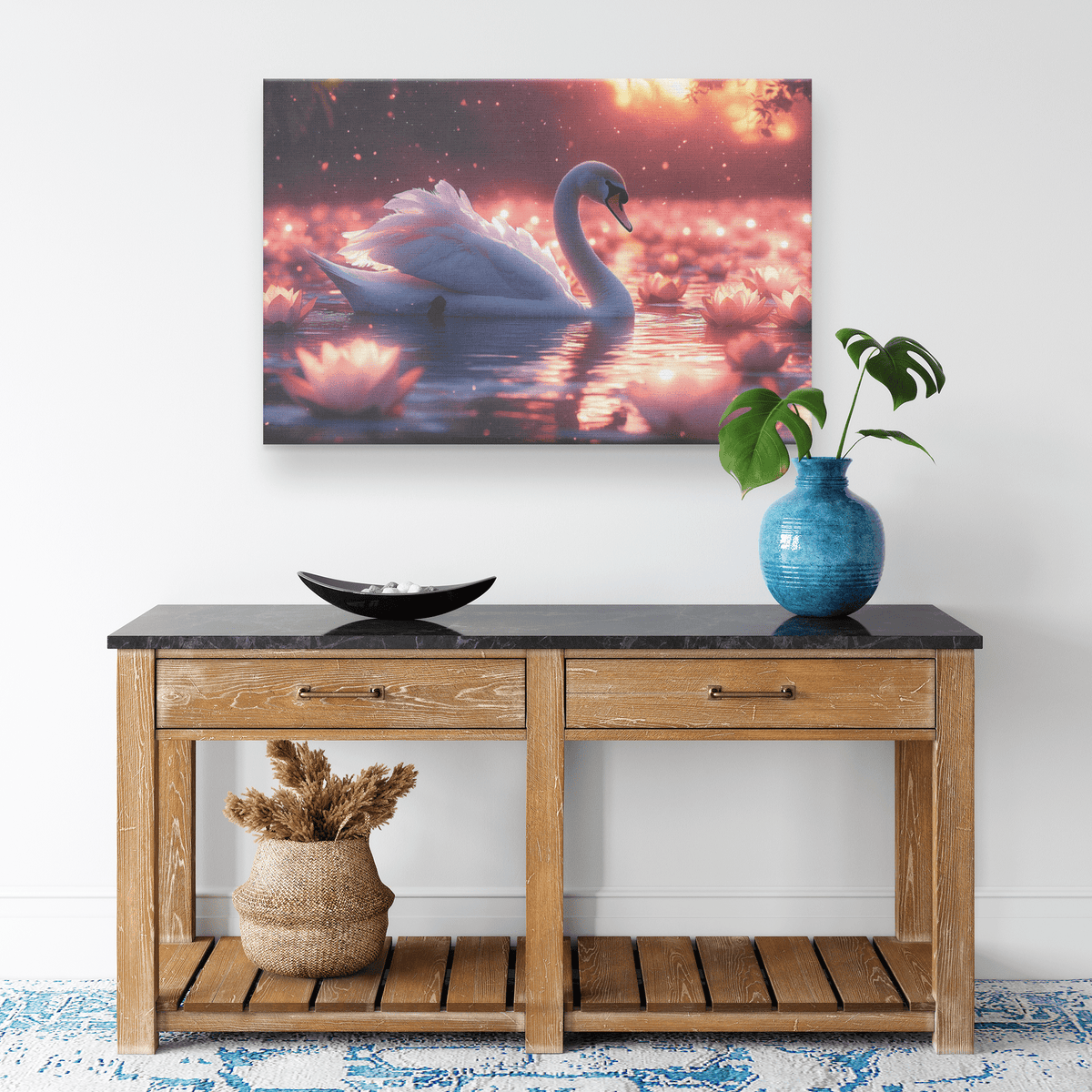 Swan Surrounded By Glowing Lotus Flowers On Tranquil Lake Under Twilight Sky With Shimmering Feathers Canvas Wall Art Decor - Awakening Righteousness