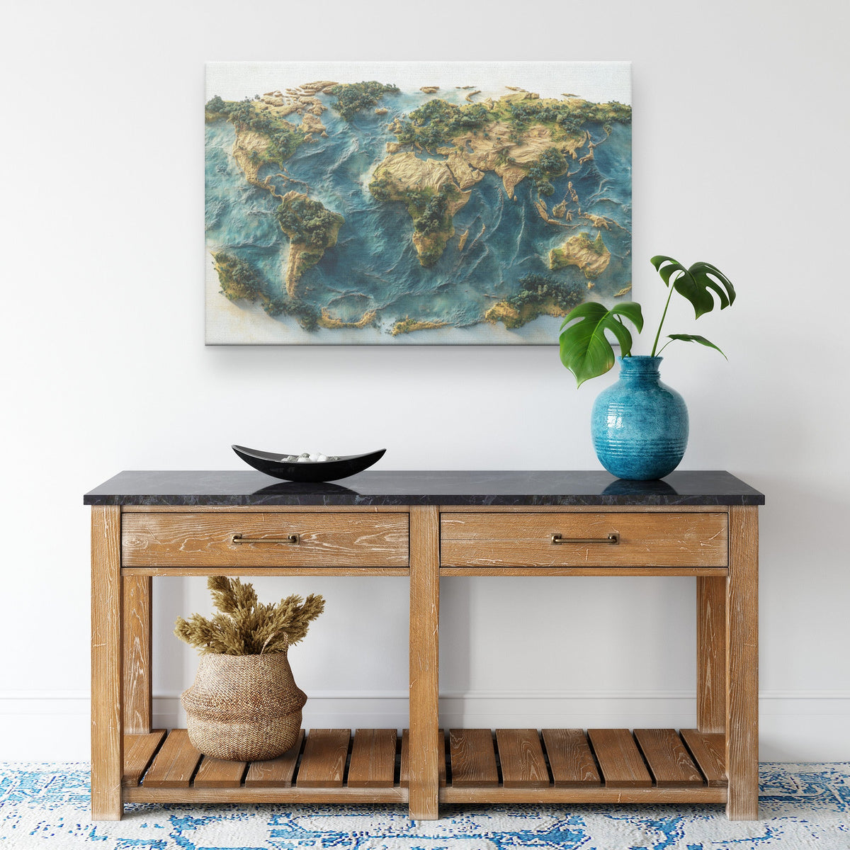 Textured World Map with Lush Greenery and Blue Oceans Canvas Wall Art Decor - Awakening Righteousness