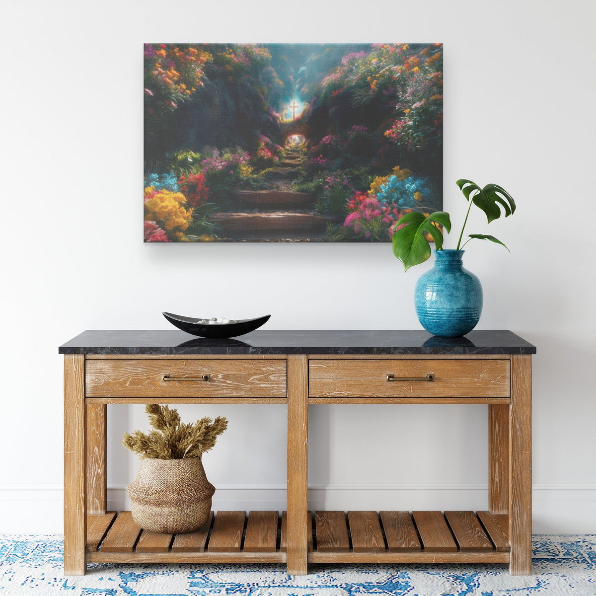 The Narrow Path to the Cross Vibrant Floral Trail with Heavenly Light Christian Canvas Wall Art Decor - Awakening Righteousness