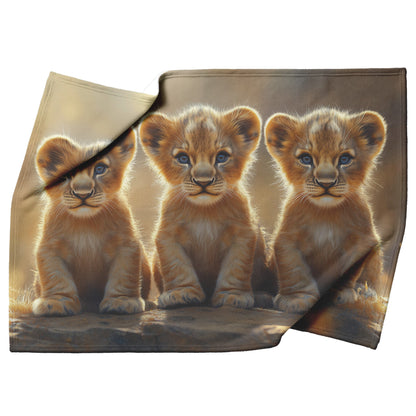 Three Cute Baby Lion Cubs with Blue Eyes and Golden Hour Glow Cozy Fleece Sherpa Blanket - Awakening Righteousness