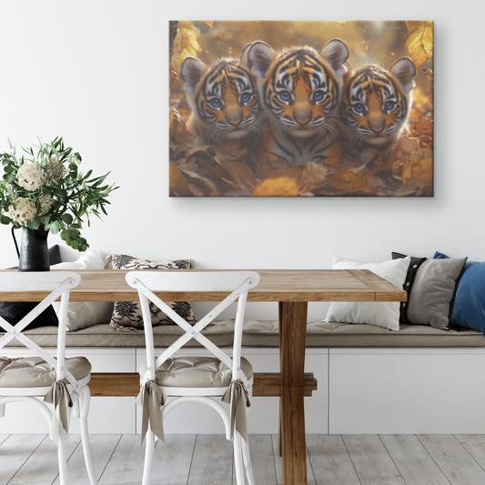 Three Cute Baby Tiger Cubs with Blue Eyes Surrounded by Autumn Leaves Canvas Wall Art Decor - Awakening Righteousness