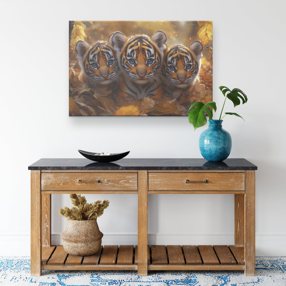 Three Cute Baby Tiger Cubs with Blue Eyes Surrounded by Autumn Leaves Canvas Wall Art Decor - Awakening Righteousness