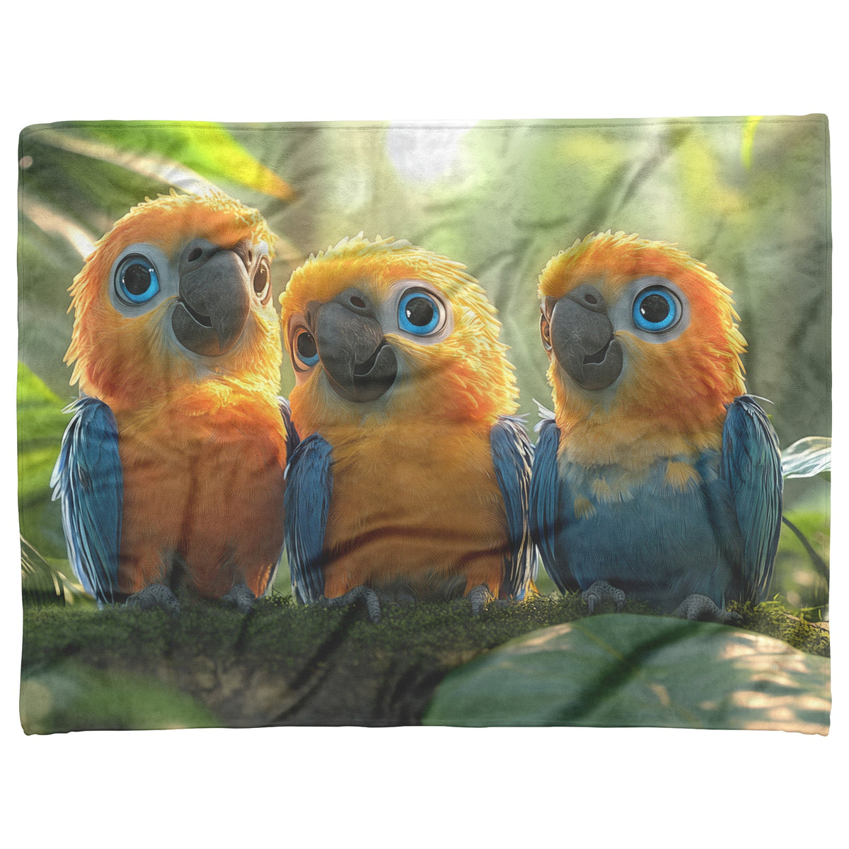 Three Cute Colorful Parrots Perched in Vibrant Jungle with Soft Sunlight Cozy Fleece Sherpa Blanket - Awakening Righteousness