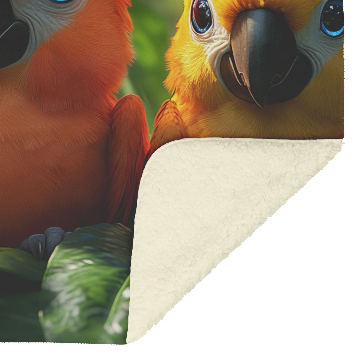 Three Cute Colorful Parrots with Blue Eyes Perched on Lush Green Leaves in Jungle Cozy Fleece Sherpa Blanket - Awakening Righteousness