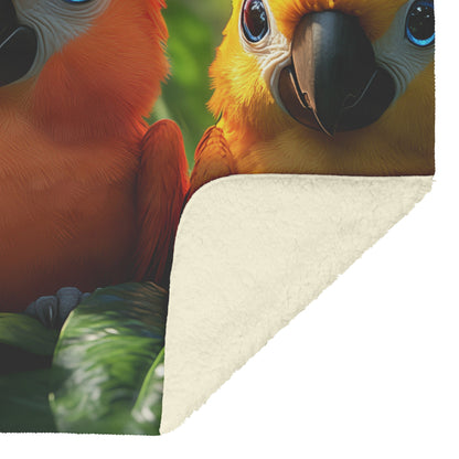 Three Cute Colorful Parrots with Blue Eyes Perched on Lush Green Leaves in Jungle Cozy Fleece Sherpa Blanket - Awakening Righteousness