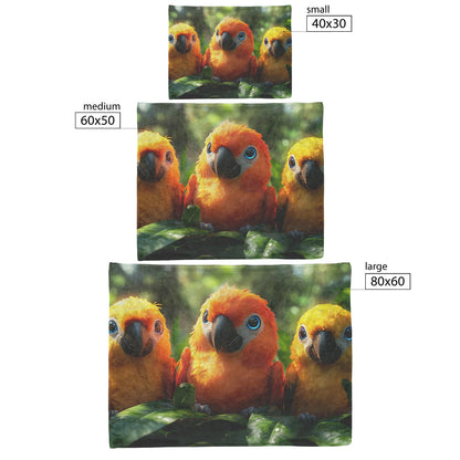 Three Cute Colorful Parrots with Blue Eyes Perched on Lush Green Leaves in Jungle Cozy Fleece Sherpa Blanket - Awakening Righteousness