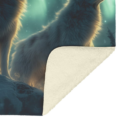Three Siberian Huskies on Snowy Mountain Peak Under Glowing Northern Lights with Intricate Fur Magical Atmosphere Blanket - Awakening Righteousness
