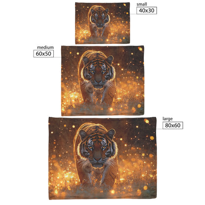 Tiger in Golden Meadow Sherpa Fleece Blanket Twilight Fireflies Glowing Light Reflecting Fur Graceful Wildlife Scene - Awakening Righteousness