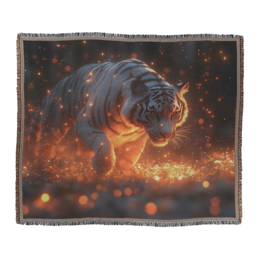 Tiger Leaping Through Glowing Forest Clearing Under Ethereal Moonlight Woven Throw Blanket - Awakening Righteousness