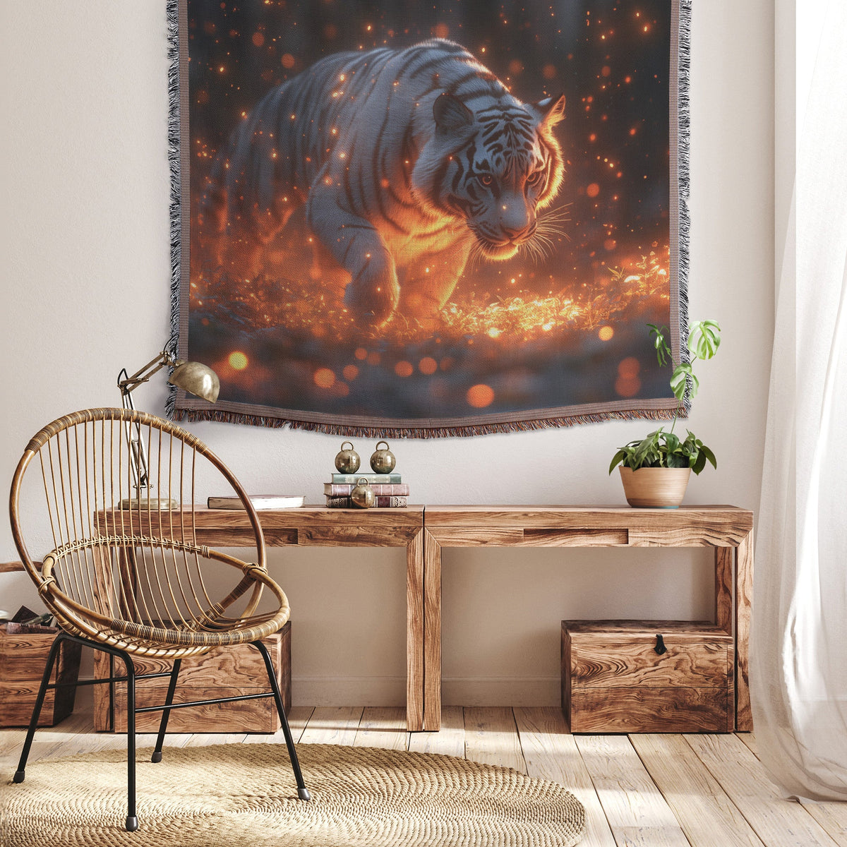 Tiger Leaping Through Glowing Forest Clearing Under Ethereal Moonlight Woven Throw Blanket - Awakening Righteousness