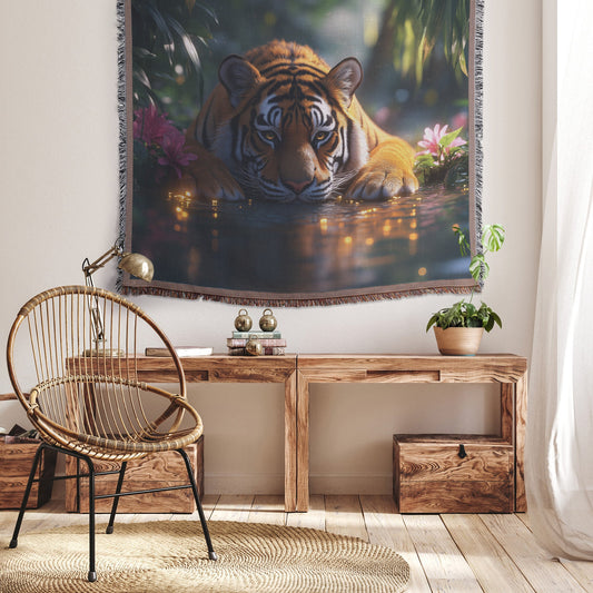 Tiger Resting Near Glowing Jungle Stream Surrounded by Lush Plants Peaceful and Vibrant Woven Throw Blanket - Awakening Righteousness