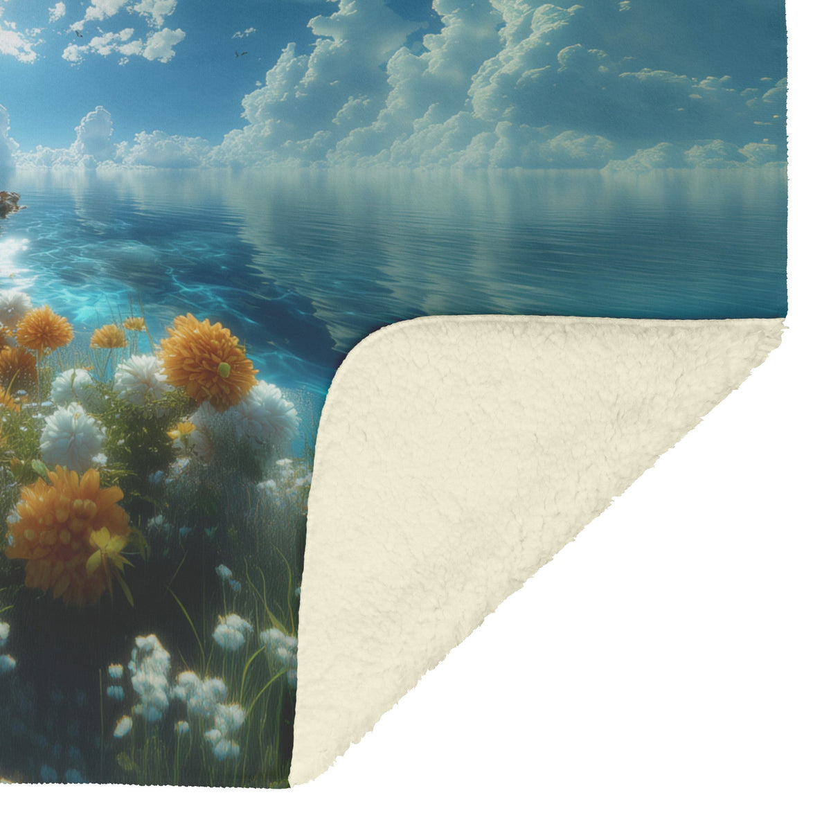 Tranquil Coastal Scene with Colorful Flowers and Bright Sky Fleece Sherpa Blanket - Awakening Righteousness
