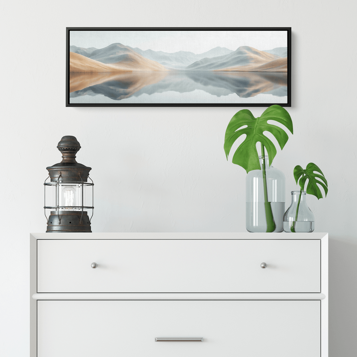 Tranquil Lake Scene Soft Taupe Hills Reflections Muted Gradients Clean Lines Ultra High Definition Refined Minimalist Panoramic Framed Canvas Wall Art - Awakening Righteousness