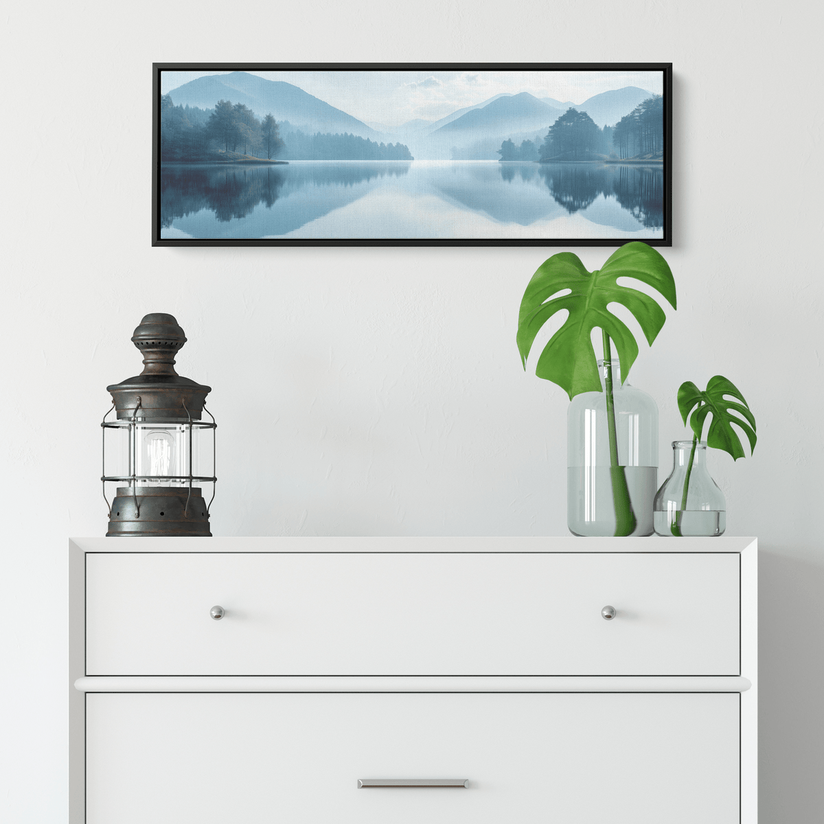 Tranquil Lake Scene Soft Taupe Hills Reflections Muted Gradients Clean Lines Ultra High Definition Refined Minimalist Panoramic Framed Canvas Wall Art - Awakening Righteousness