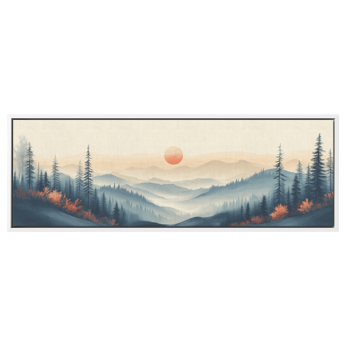 Tranquil Landscape Illustration Muted Hills Pale Sky Taupe Beige Ultra High Definition Modern Minimalist Panoramic Framed Canvas Wall Art - Awakening Righteousness
