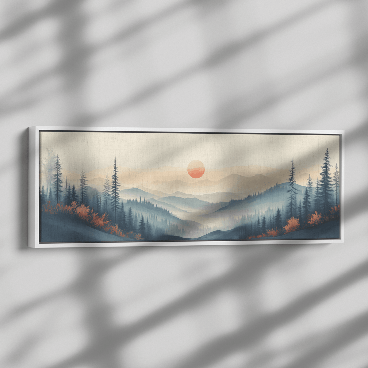 Tranquil Landscape Illustration Muted Hills Pale Sky Taupe Beige Ultra High Definition Modern Minimalist Panoramic Framed Canvas Wall Art - Awakening Righteousness