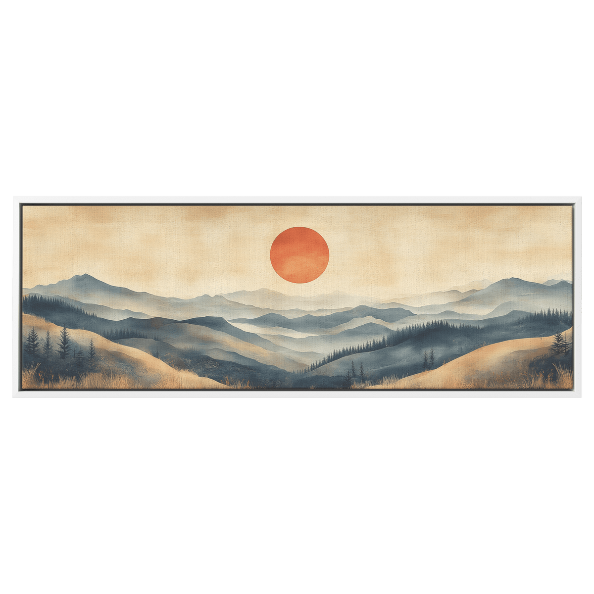 Tranquil Landscape Illustration Muted Hills Pale Sky Taupe Beige Ultra High Definition Modern Minimalist Panoramic Framed Canvas Wall Art - Awakening Righteousness
