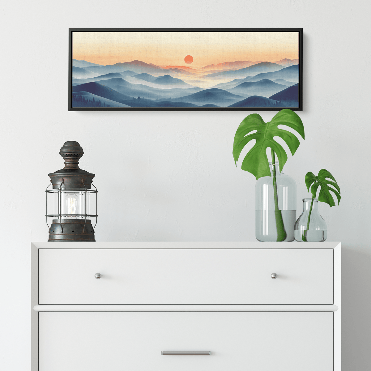 Tranquil Landscape Illustration Muted Hills Pale Sky Taupe Beige Ultra High Definition Modern Minimalist Panoramic Framed Canvas Wall Art - Awakening Righteousness