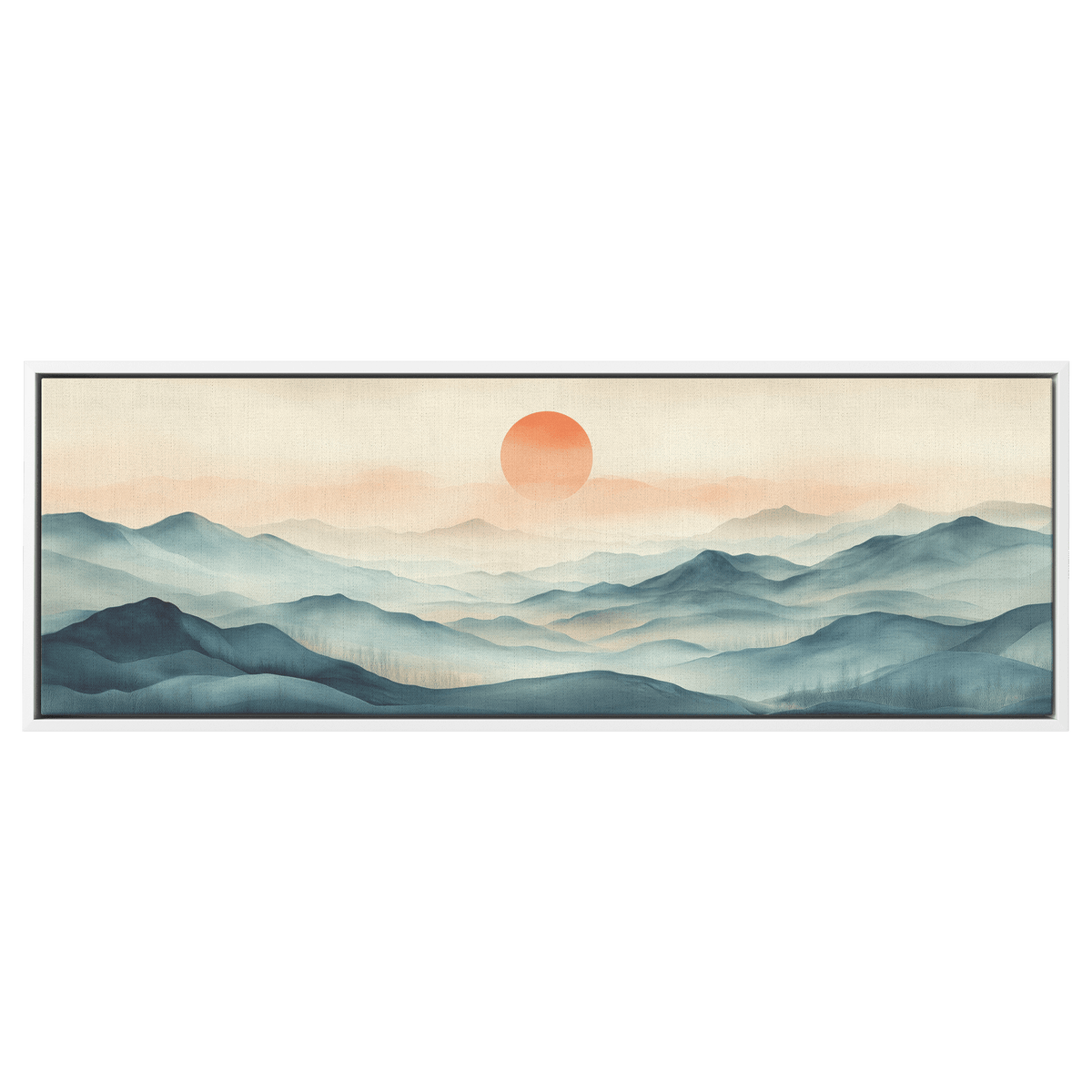Tranquil Landscape Illustration Muted Hills Pale Sky Taupe Beige Ultra High Definition Modern Minimalist Panoramic Framed Canvas Wall Art - Awakening Righteousness