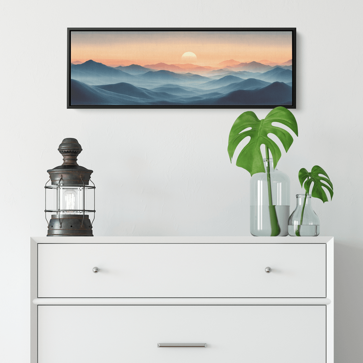 Tranquil Landscape Illustration Muted Hills Pale Sky Taupe Beige Ultra High Definition Modern Minimalist Panoramic Framed Canvas Wall Art - Awakening Righteousness