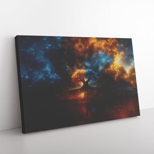 Tree of Knowledge of Good and Evil Fire and Ice Under Cosmic Glow Christian Canvas Wall Art Decor - Awakening Righteousness