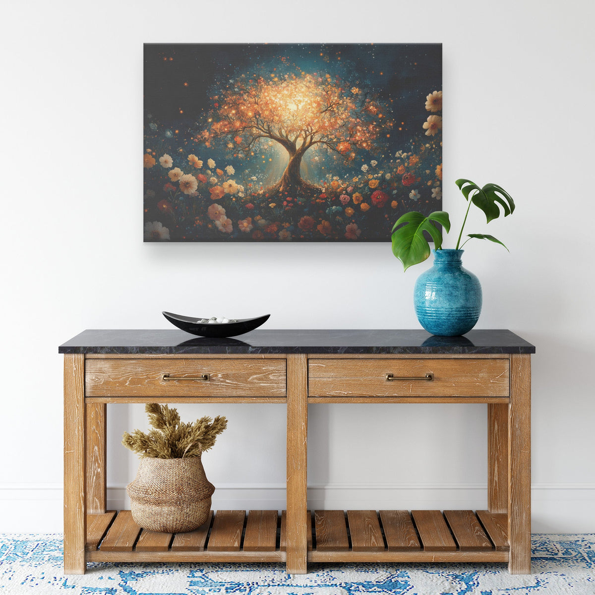 Tree of Life Glowing Canvas Art with Vibrant Flowers Illuminating Hope and Renewal Christian Wall Decor for Home - Awakening Righteousness
