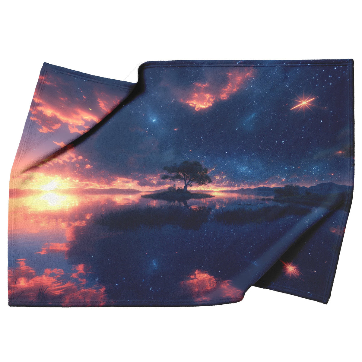 Tree of Life Soft Fleece Sherpa Blanket Featuring Radiant Sunset Starry Night and Reflections Over Serene Waters - Awakening Righteousness
