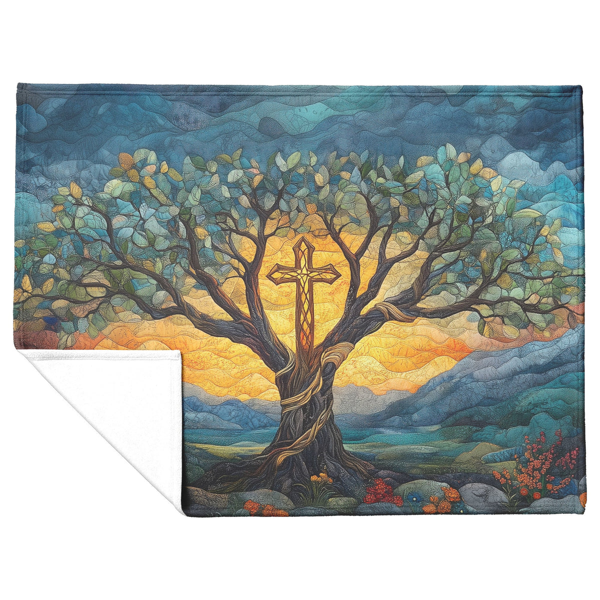 Tree Of Life With Cross And Glowing Leaves Fleece Sherpa Blanket Christian Gift Symbol Of Faith Hope And Strength - Awakening Righteousness