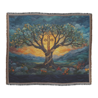 Tree of Life with Cross at the Center and Vibrant Floral Landscape Woven Throw Blanket for Home Decor - Awakening Righteousness