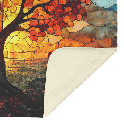 Tree of Life with Cross in Vibrant Stained Glass Sunset Fleece Sherpa Blanket Ultra Soft Cozy Perfect for Home Gift - Awakening Righteousness