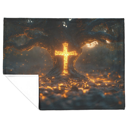 Tree of Life With Glowing Cross Fleece Sherpa Blanket Radiant Christian Art Cozy Inspirational Home Gift - Awakening Righteousness