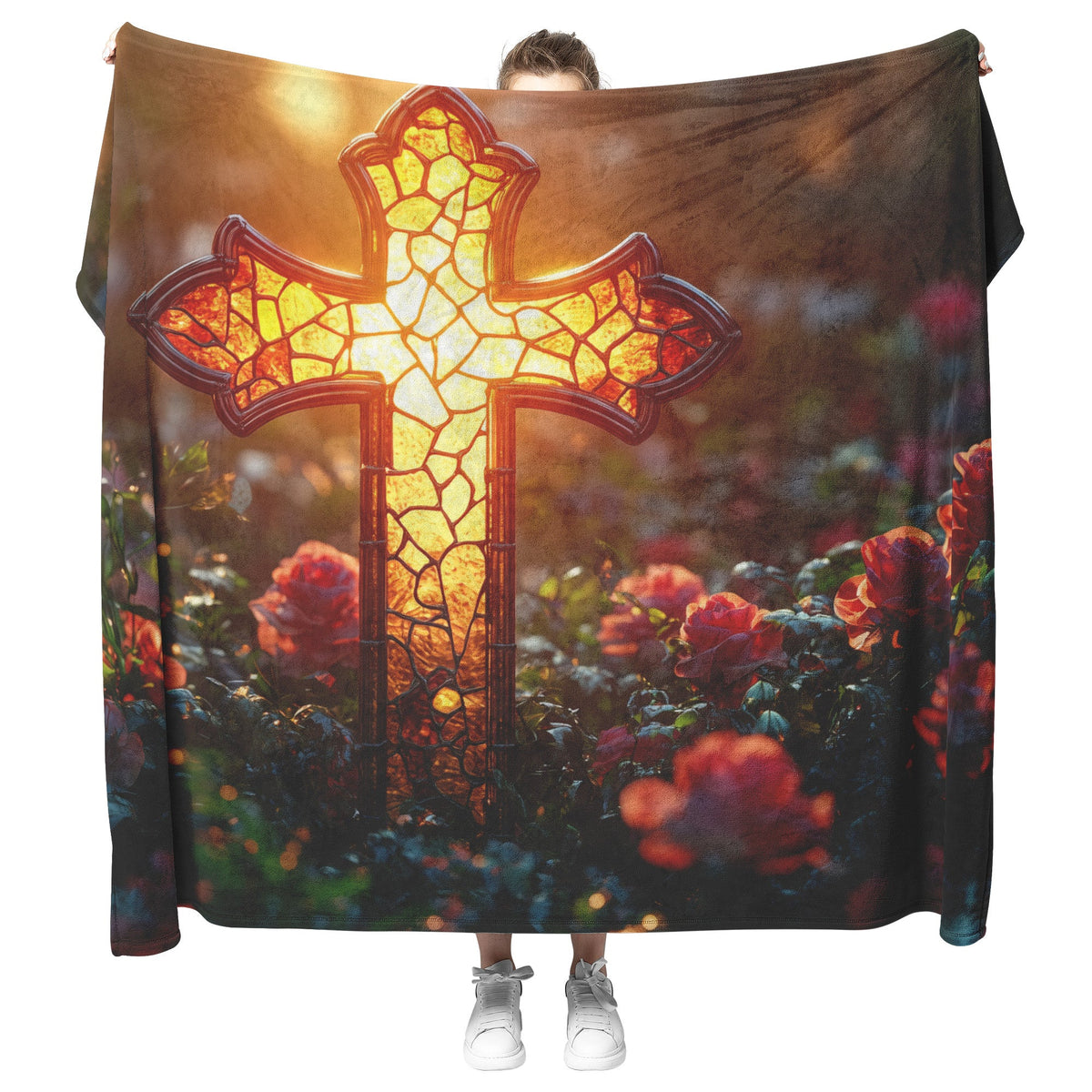 Tree of Life With Glowing Cross Fleece Sherpa Blanket Radiant Christian Art Cozy Inspirational Home Gift - Awakening Righteousness