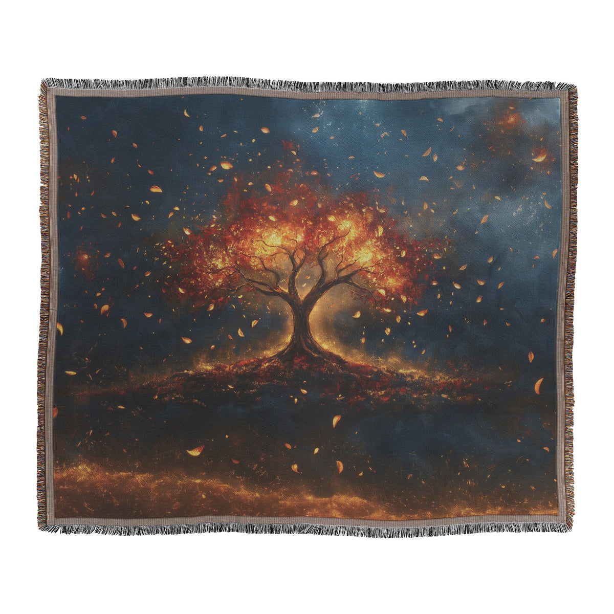 Tree of life with glowing leaves autumn colors cosmic sky woven throw blanket glowing branches and fiery energy - Awakening Righteousness