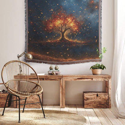 Tree of life with glowing leaves autumn colors cosmic sky woven throw blanket glowing branches and fiery energy - Awakening Righteousness