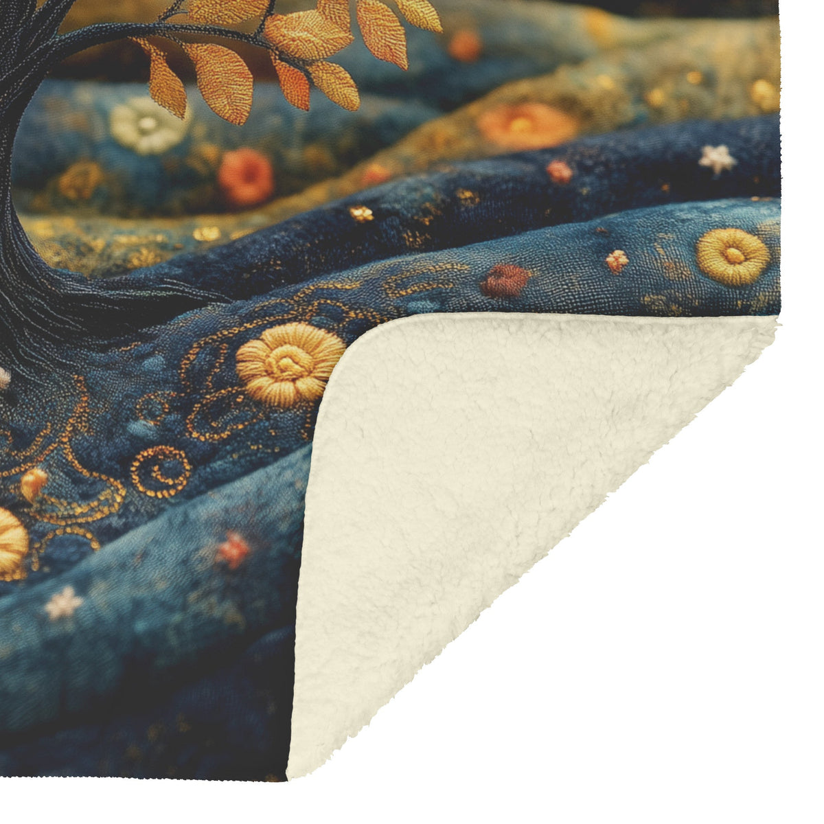 Tree Of Life With Golden Leaves And Embroidered Floral Design Fleece Sherpa Blanket Christian Gift Symbol Of Faith - Awakening Righteousness
