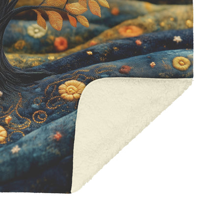 Tree Of Life With Golden Leaves And Embroidered Floral Design Fleece Sherpa Blanket Christian Gift Symbol Of Faith - Awakening Righteousness